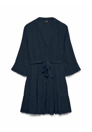 Vestido azul oscuro hasta la rodilla con mangas campana 3/4, escote en V, falda de volantes y cinturón atado a la cintura.