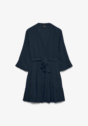 Vestido azul oscuro hasta la rodilla con mangas campana 3/4, escote en V, falda de volantes y cinturón atado a la cintura.