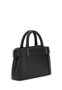 Borsa a mano in pelle nera con doppio manico superiore, forma strutturata e chiusura con zip. Presenta dettagli in metallo e finitura testurizzata.