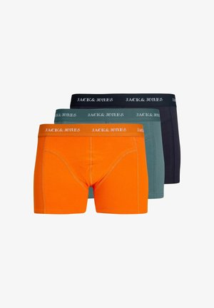 Herreboxershorts i en pakke med tre: en orange, en teal, en marineblå. Fremstillet af bomuld med elastiske taljer, der har "JACK & JONES" logo.