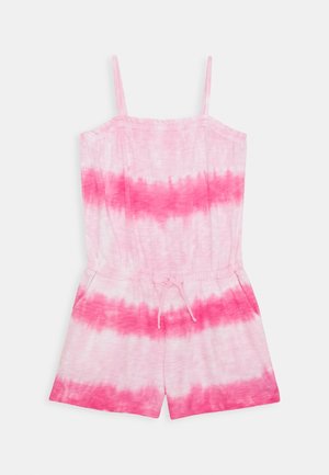 Ærmeløs lyserød og hvid tie-dye romper med justerbare spaghetti-stropper, elastisk talje, snøre foran og shorts nederst.