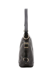Borsa in pelle nera con forma curva, dotata di hardware in tonalità oro, tracolla regolabile e dettaglio con fibbia. Texture liscia con leggero lucido.