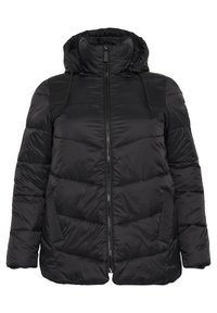 Black padded jacket with a zip front, detachable hood, and side pockets; features a quilted texture and a slightly cropped design.