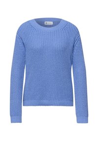 Pull en tricot bleu clair à manches longues et col rond, avec un motif gaufré en nid d'abeille texturé et des poignets et un ourlet côtelés.
