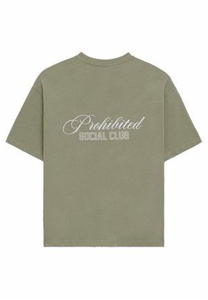 Olive green cotton t-shirt with short sleeves, featuring "Prohibited Social Club" printed in white script and block letters on the back.