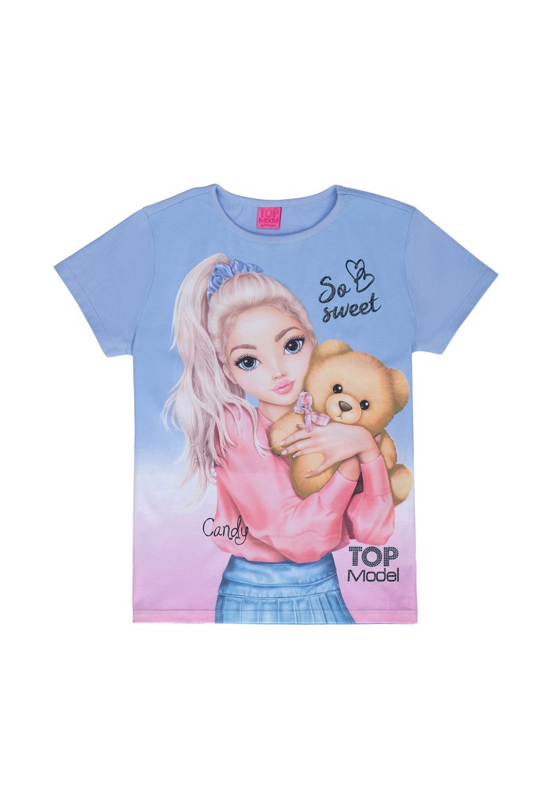 T-shirt in cotone blu chiaro con una grafica di una ragazza che tiene in mano un orsetto di peluche, con testo "So sweet" e dettagli rosa.