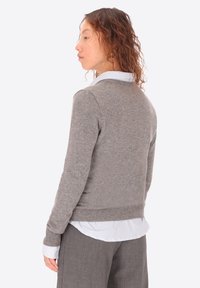 Maglione aderente grigio con maniche lunghe, lavorazione a maglia testurizzata, scollatura tonda. Indossato sopra una camicia azzurra a righe con bottoni e pantaloni grigi.