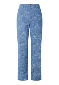 Blå jeans med ett helmönster av rosor, rak benstil, knäppning med knapp och framfickor.