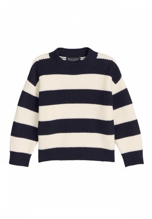 Grober Strickpullover mit breiten horizontalen Marine- und weißen Streifen sowie geripptem Rundhalsausschnitt und Bündchen.