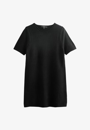 Black, short-sleeved dress in a soft, textured material with a round neckline and a straight silhouette. No patterns or hardware details.