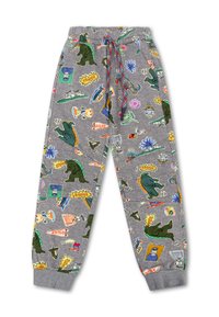 Grijze sweatpants met verschillende kleurrijke cartoonafbeeldingen, waaronder monsters en voertuigen. Elastische tailleband met verstelbaar trekkoord.