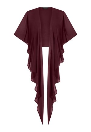 Bordeauxroter, durchsichtiger, offen vorne getragener Schal mit weiten, kurzen Ärmeln und langen, herabfallenden, gerafften Enden.