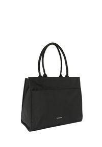 Borsa a tracolla nera in tessuto con doppio manico, forma rettangolare, texture liscia, tasca frontale e logo del marchio discreto. Adatta per uso quotidiano.