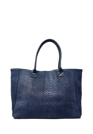 Borsa tote blu scuro con motivo in pelle di serpente testurizzata e due manici in pelle liscia.