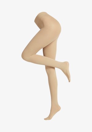 Beige transparente Strumpfhosen mit glatter Textur und passgenauem Design, ausgestattet mit einem Taillenbund und einem fußfreien Unterteil, das ein einzelnes Bein in schräger Pose zeigt.