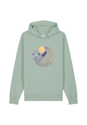 Hellgrüner Hoodie mit Kängurutasche und einem runden abstrakten Design in Gelb und Lila auf der Brust, mit Berg- und Sonnensymbolen.