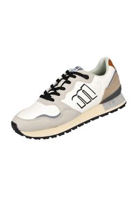 Zapatilla blanca y beige con cordones negros, suela negra, logo en el lateral y acento marrón claro en el talón, sobre un fondo blanco.