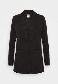 Blazer noir à silhouette ajustée, fermeture à un bouton, revers crantés, deux poches avant, et tissu texturé.