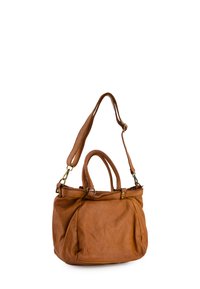 Braune Lederhandtasche mit doppelten Griffen, einem abnehmbaren Gurt, weicher Textur und subtilen Nähten, die einen leicht gerafften Look erzeugen.