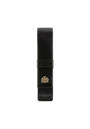 Black leather pen case with a smooth texture, slim design, and a decorative gold emblem. Features a secure fold-over closure.
