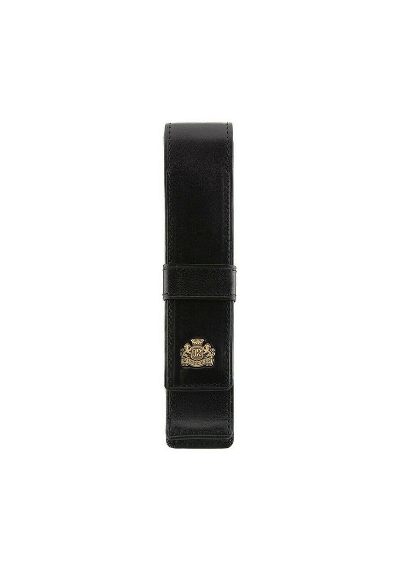 Astuccio per penne in pelle nera con texture liscia, design slim e un emblema dorato decorativo. Presenta una chiusura a ribaltina sicura.