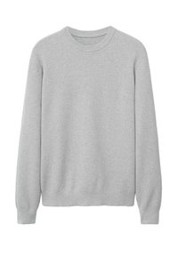 Hellgrauer Pullover aus Strickmaterial, mit Rundhalsausschnitt, langen Ärmeln und gerippten Bündchen und Saum. Einfaches, strukturiertes Design.