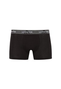 Black boxer shorts made of soft fabric, featuring a gray waistband with "LONDON" printed in white. Designed with a fitted shape and flat seams.