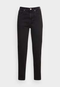 Černé džíny z denimu se slim fit střihem, s vysokým pasem, předními kapsami a čistým designem bez dalších vzorů nebo ozdob.