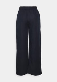 Navy wide-leg trousers made of lightweight fabric, featuring an elastic waistband and clean hems for a relaxed, comfortable fit.