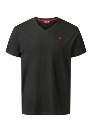 Czarny t-shirt z krótkim rękawem i dekoltem w serek, z małym czerwonym haftowanym logo na lewej piersi oraz czerwonym wykończeniem wewnątrz kołnierza.