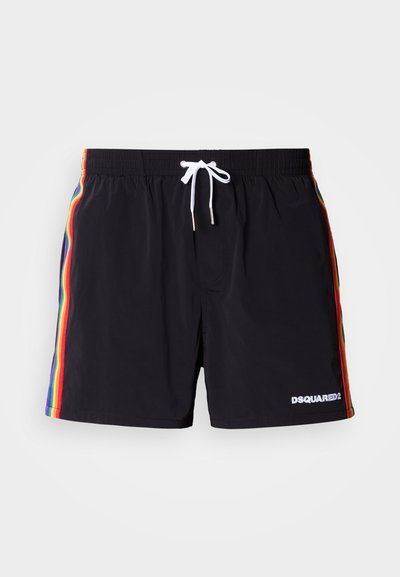 Pantaloni scurți de înot negri cu dungi curcubeu pe laterale, talie elastică, șnur alb și logo brodat pe partea din față.