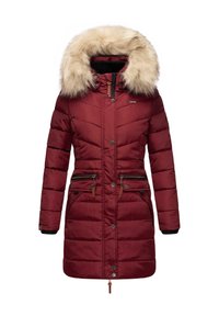 Burgundy puffer coat with a faux fur hood, featuring a zipper and button closure, two zippered pockets, and horizontal stitching detail.