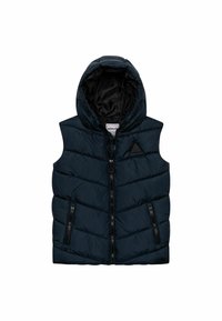 Padded granatowa kamizelka z kapturem, zaprojektowana z izolacją, z przednim zamkiem błyskawicznym oraz dwiema zasuwanymi kieszeniami po bokach. Posiada trójkątny akcent logo z jednej strony.