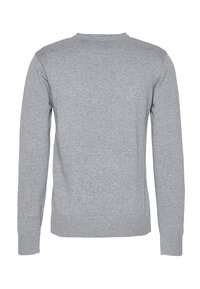 Grauer Pullover mit Rundhalsausschnitt, langen Ärmeln sowie gerippten Bündchen an Ärmeln und Saum. Hergestellt aus einem weichen, strukturierten Stoff. Rückansicht dargestellt.