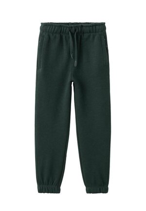 Pantalons de survêtement vert foncé en matière douce, avec une taille élastique et un cordon de serrage, des poches latérales et des poignets élastiques aux chevilles.