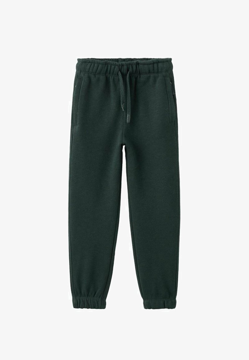 Temnozeleni trenirki iz mehkega materiala, z elastičnim pasom in vrvico, stranskima žepoma ter elastičnimi manšetami na gležnjih.