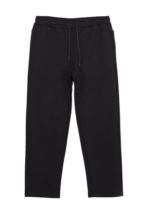 Pantaloni casual neri con vita elastica e coulisse, vestibilità dritta, tasche frontali, mostrati distesi su sfondo bianco.