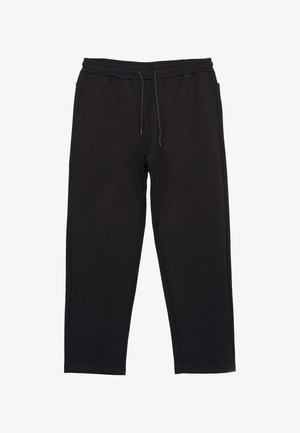 Pantaloni casual neri con vita elastica e coulisse, vestibilità dritta, tasche frontali, mostrati distesi su sfondo bianco.
