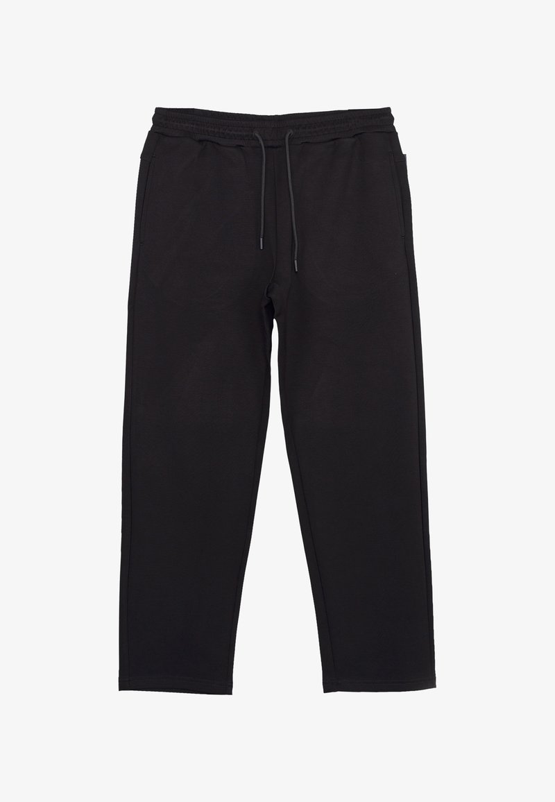 Pantalon décontracté noir avec taille élastique et cordon, coupe droite, poches avant, présenté à plat sur fond blanc.