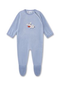 Blauer Fleece-Overall mit langen Ärmeln, versehen mit einem gestickten Kuhmotiv auf der Vorderseite. Rundhalsausschnitt und geschlossene Füße.