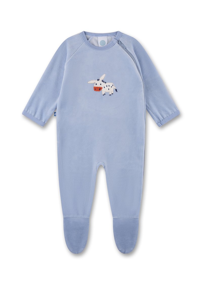 Blauer Fleece-Overall mit langen Ärmeln, versehen mit einem gestickten Kuhmotiv auf der Vorderseite. Rundhalsausschnitt und geschlossene Füße.
