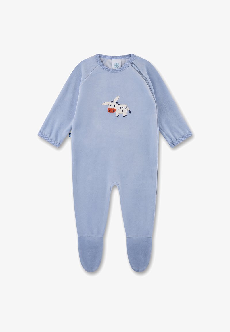 Blauer Fleece-Overall mit langen Ärmeln, versehen mit einem gestickten Kuhmotiv auf der Vorderseite. Rundhalsausschnitt und geschlossene Füße.