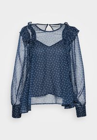 Blusa de tela transparente en color marino con mangas largas, acentos con volantes y un patrón floral. Presenta un escote en V y detalle fruncido en los hombros.
