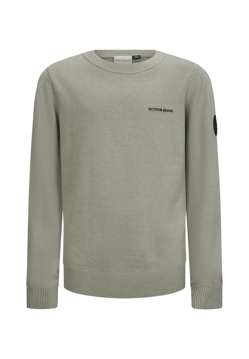 Helles grünes Strickpullover mit Rundhalsausschnitt, gerippten Bündchen und Saum sowie einem Logo auf der Brust. Verfügt über eine glatte Textur und eine normale Passform.