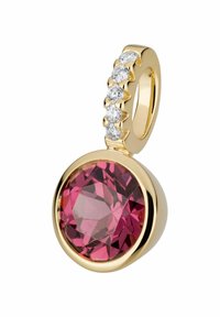 Gouden hanger met een grote ronde roze edelsteen, verfraaid met een rij van vier heldere, sprankelende diamanten op de bail.