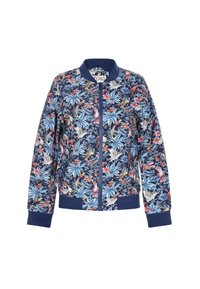Giacca bomber floreale con sfondo blu navy e fantasie tropicali colorate, polsini e vita a costine, chiusura con zip e vestibilità comoda.