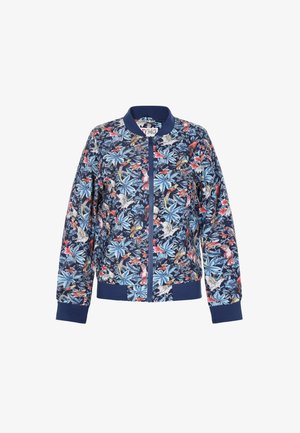 Ziedu bomber jaka ar tumši zilu fonu un krāsainiem tropiskiem dizainiem, ribotām piedurknēm un jostu, ar rāvējslēdzēju un brīvu piegriezumu.