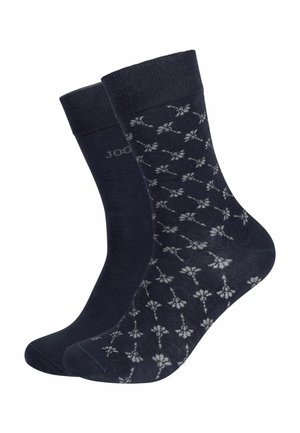 Marineblaue Baumwollsocken mit einem floralen Muster in Hellgrau. Rippbündchen und schlichtes Design. Geeignet für die Freizeit.