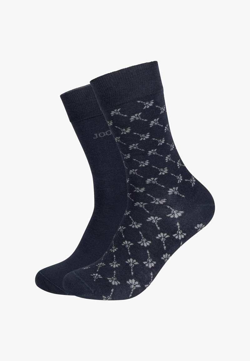 Calzini in cotone blu marino con un motivo floreale grigio chiaro. Orlo a coste e design semplice. Adatti per un abbigliamento casual.