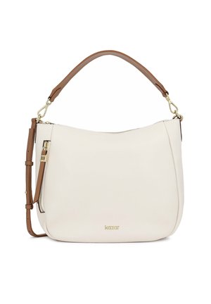 Sac bandoulière en cuir crème avec une sangle ajustable marron, détails de fermeture éclair dorée, et petit logo "kazar" au centre avant.